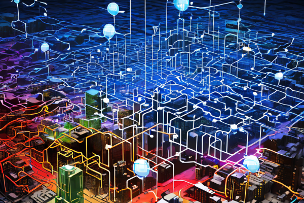 전통적인 위치 기반 웹 지도와 콘텐츠 주소 지정 방식의 분산형 네트워크가 직접 연결되는 모습을 대비하여 보여주는 개념도입니다.