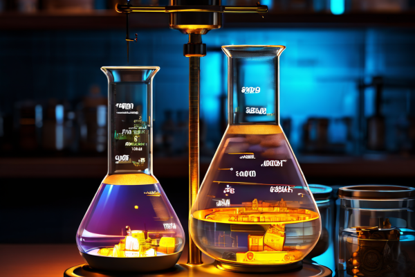 전략 실험의 가치를 상징적으로 보여주는 디지털 저울이 실험용 비커 쪽으로 기울어지며, 전통적인 자산과 혁신적 접근법의 균형을 시각화한 이미지입니다.