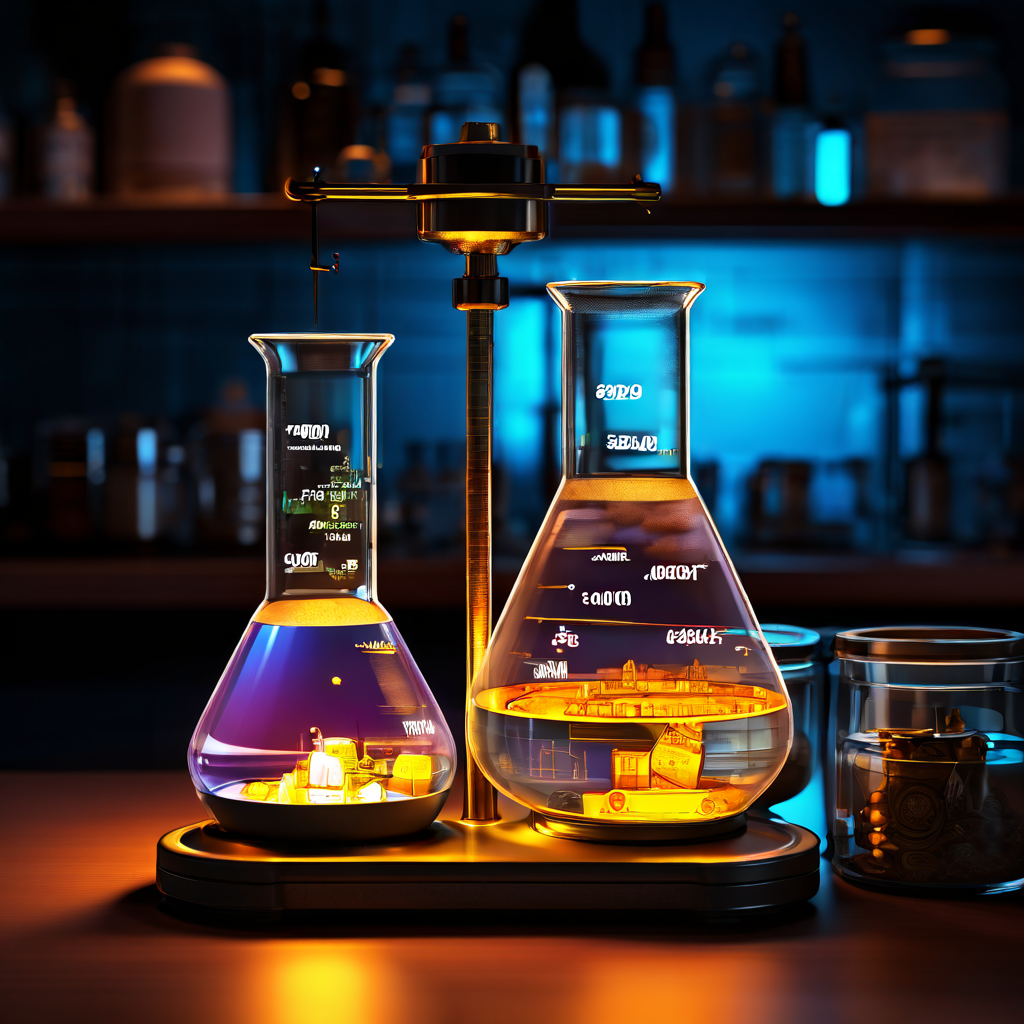 전략 실험의 가치를 상징적으로 보여주는 디지털 저울이 실험용 비커 쪽으로 기울어지며, 전통적인 자산과 혁신적 접근법의 균형을 시각화한 이미지입니다.