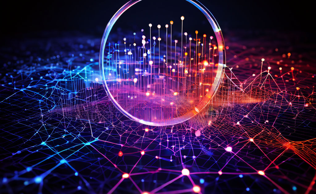 데이터 분석과 네트워크 과학의 핵심 개념을 상징적으로 보여주는 이미지로, 확대경이 복잡하게 연결된 데이터 패턴의 중심 구조를 집중적으로 조명하고 있습니다.