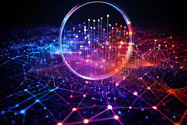 데이터 분석과 네트워크 과학의 핵심 개념을 상징적으로 보여주는 이미지로, 확대경이 복잡하게 연결된 데이터 패턴의 중심 구조를 집중적으로 조명하고 있습니다.