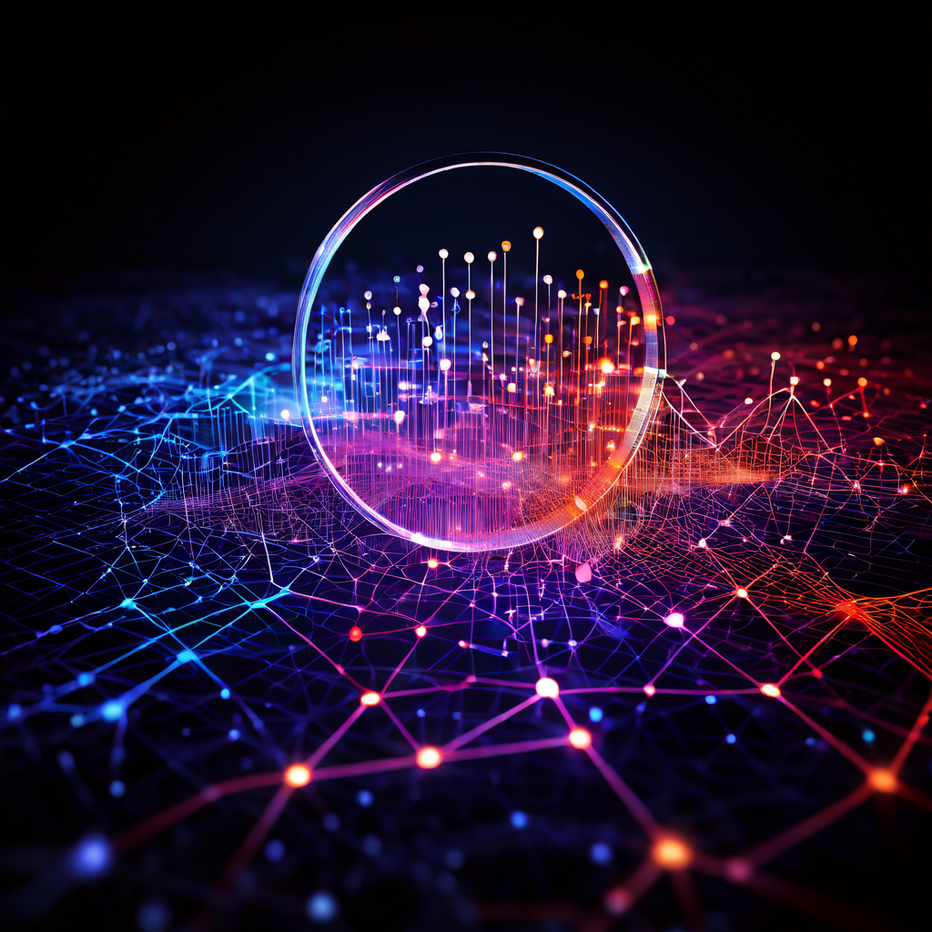 데이터 분석과 네트워크 과학의 핵심 개념을 상징적으로 보여주는 이미지로, 확대경이 복잡하게 연결된 데이터 패턴의 중심 구조를 집중적으로 조명하고 있습니다.