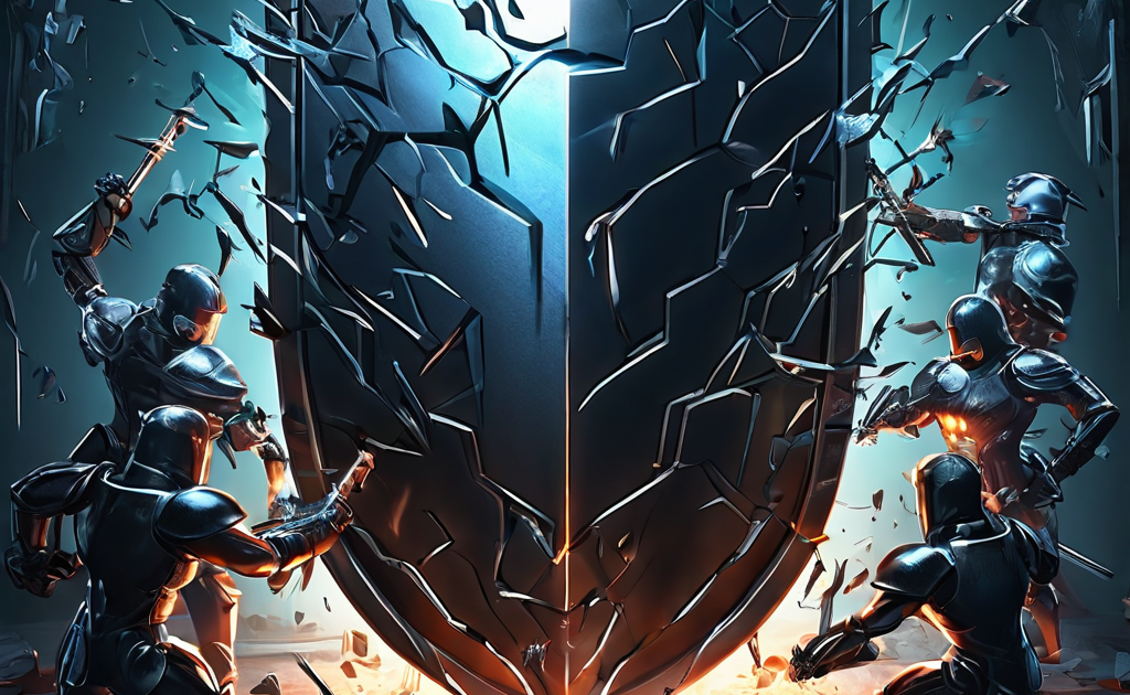 디지털 보안 위협을 상징하는 여러 개의 복제된 어둠의 사용자 아바타가 디지털 방패를 집중적으로 공격하여 금이 가는 순간을 표현한 이미지입니다.