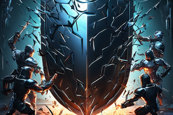 디지털 보안 위협을 상징하는 여러 개의 복제된 어둠의 사용자 아바타가 디지털 방패를 집중적으로 공격하여 금이 가는 순간을 표현한 이미지입니다.