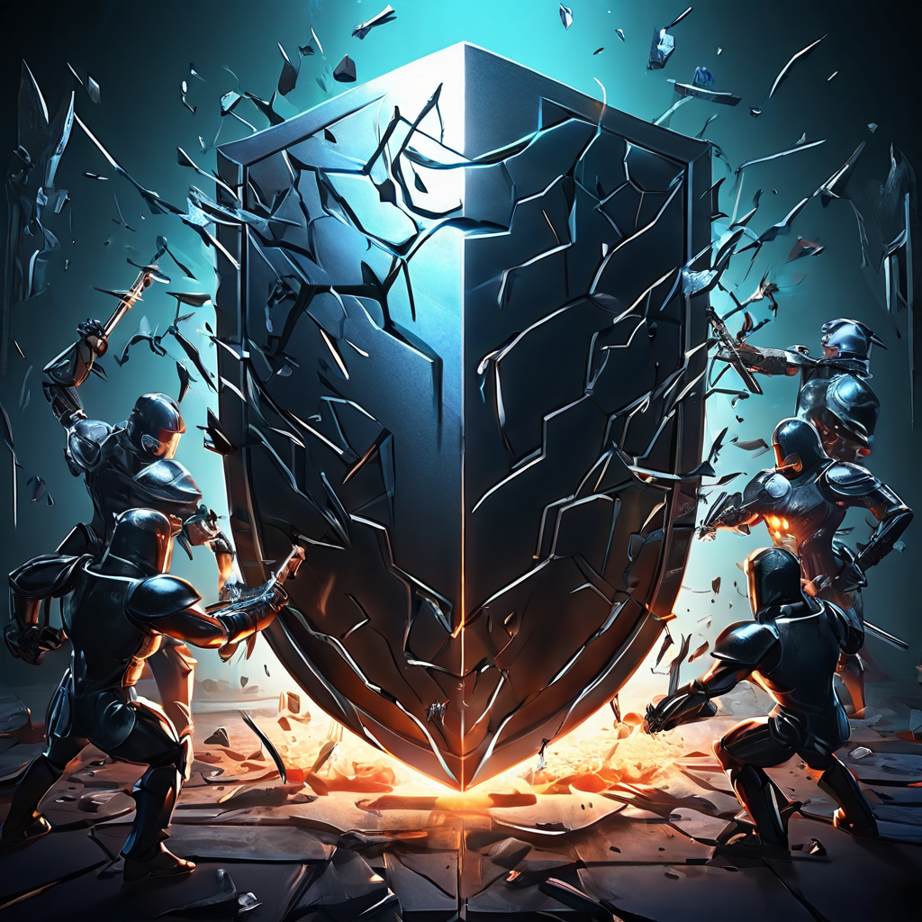 디지털 보안 위협을 상징하는 여러 개의 복제된 어둠의 사용자 아바타가 디지털 방패를 집중적으로 공격하여 금이 가는 순간을 표현한 이미지입니다.