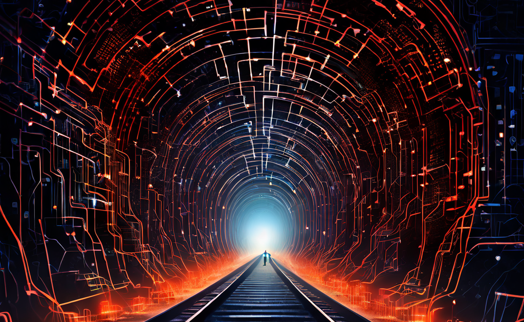 혼잡한 공공 네트워크 속에서 안전한 디지털 터널이 구축되어 개인적이고 격리된 채널의 가치를 강조하는 개념을 시각화한 이미지입니다.