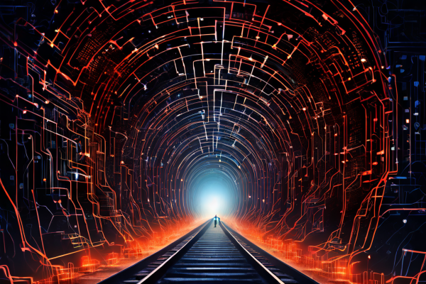 혼잡한 공공 네트워크 속에서 안전한 디지털 터널이 구축되어 개인적이고 격리된 채널의 가치를 강조하는 개념을 시각화한 이미지입니다.