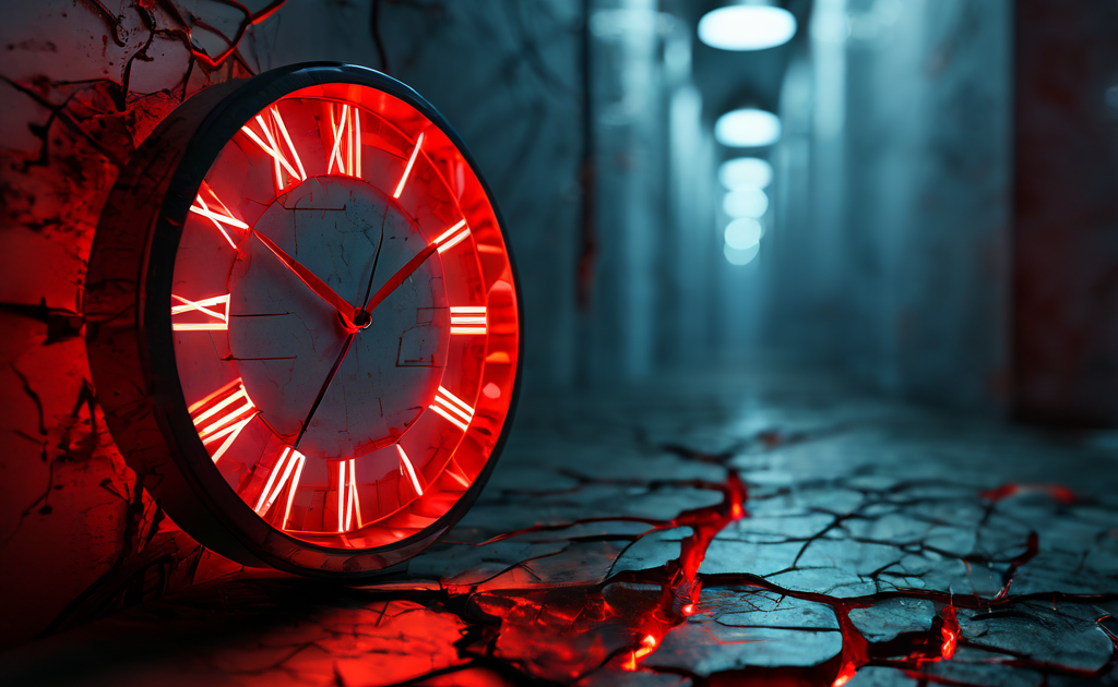 수면 중인 인간의 눈 옆에 빛나는 균열이 있는 추상적 네트워크를 형상화하며, 배경에는 무시된 듯 흐릿한 빨간 알람 시계가 놓여 있는 디지털 피로와 현대인의 수면 부족을 상징하는 이미지입니다.