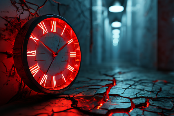 수면 중인 인간의 눈 옆에 빛나는 균열이 있는 추상적 네트워크를 형상화하며, 배경에는 무시된 듯 흐릿한 빨간 알람 시계가 놓여 있는 디지털 피로와 현대인의 수면 부족을 상징하는 이미지입니다.