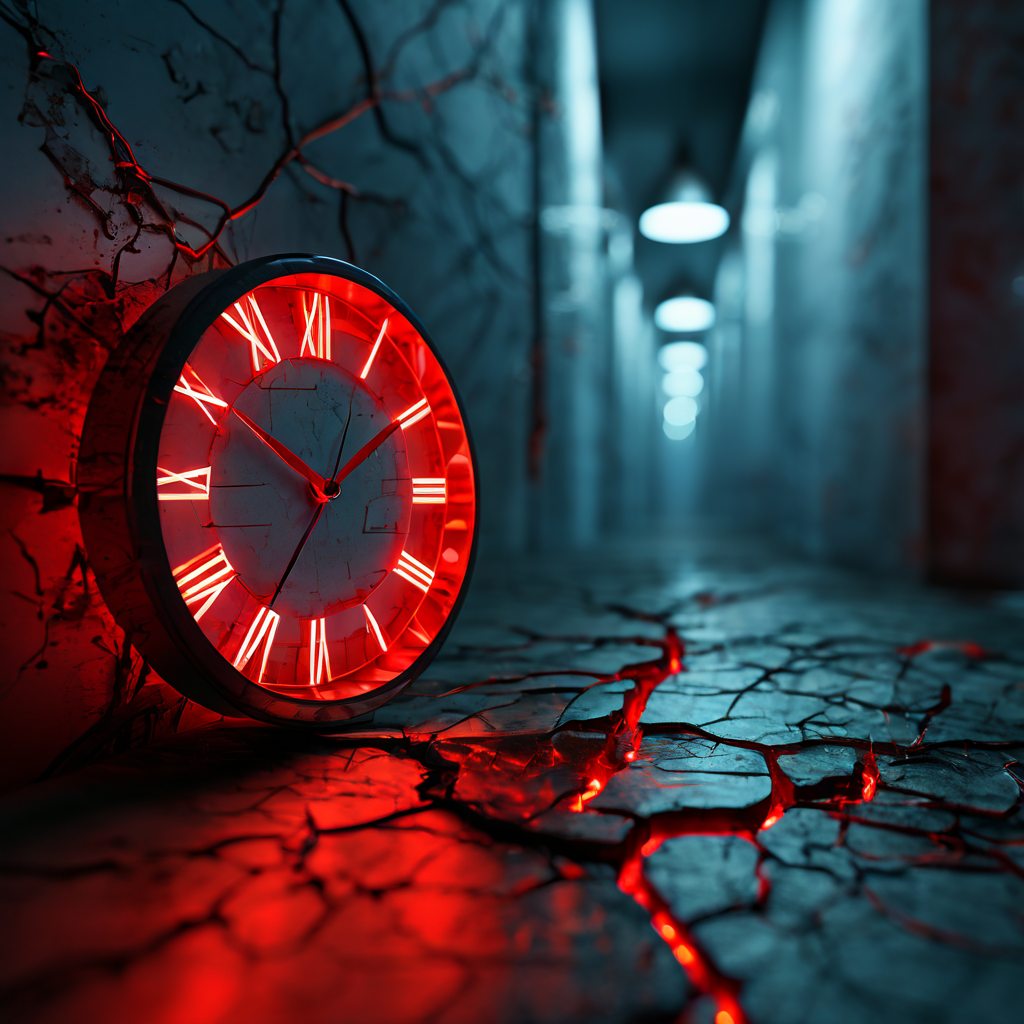 수면 중인 인간의 눈 옆에 빛나는 균열이 있는 추상적 네트워크를 형상화하며, 배경에는 무시된 듯 흐릿한 빨간 알람 시계가 놓여 있는 디지털 피로와 현대인의 수면 부족을 상징하는 이미지입니다.
