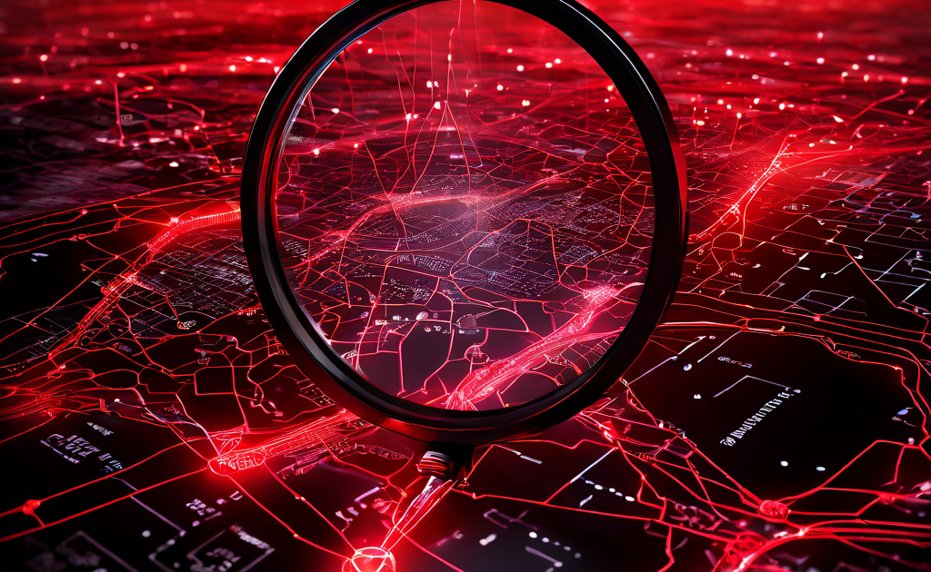디지털 네트워크 보안 감시를 상징하는 빛나는 연결 지도에서 확대경이 비인가 접속을 나타내는 빨간 선을 추적하고 있는 모습
