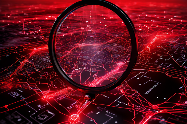 디지털 네트워크 보안 감시를 상징하는 빛나는 연결 지도에서 확대경이 비인가 접속을 나타내는 빨간 선을 추적하고 있는 모습