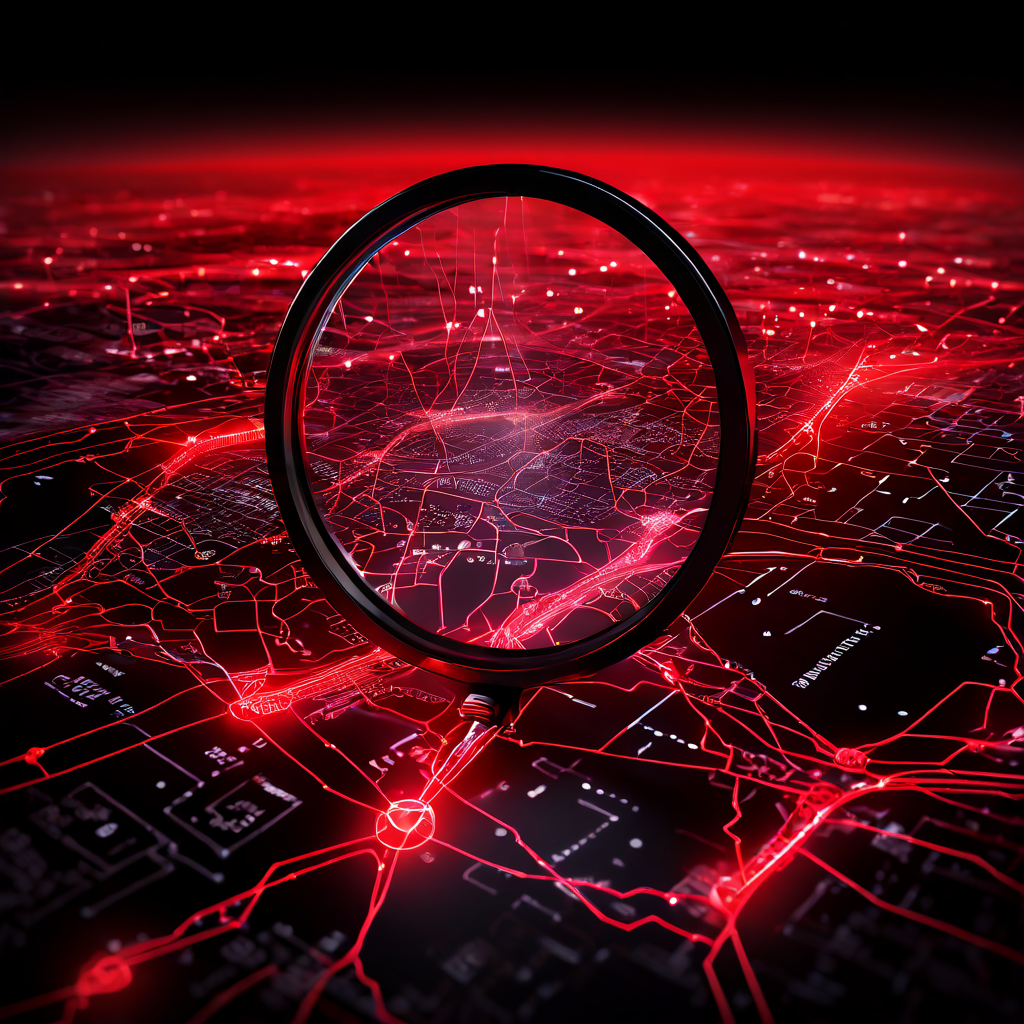 디지털 네트워크 보안 감시를 상징하는 빛나는 연결 지도에서 확대경이 비인가 접속을 나타내는 빨간 선을 추적하고 있는 모습