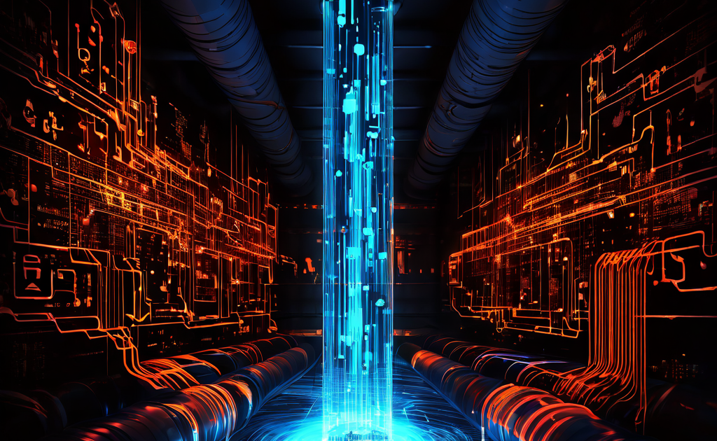 데이터 흐름의 병목 현상을 시각화한 이미지로 좁은 파이프를 통과하는 빛나는 디지털 데이터 스트림과 병목 지점에 집중된 경고 아이콘 및 오류 심볼을 보여줍니다.