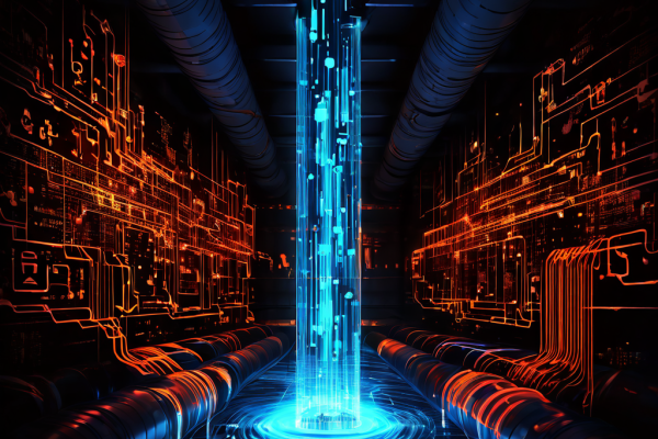 데이터 흐름의 병목 현상을 시각화한 이미지로 좁은 파이프를 통과하는 빛나는 디지털 데이터 스트림과 병목 지점에 집중된 경고 아이콘 및 오류 심볼을 보여줍니다.