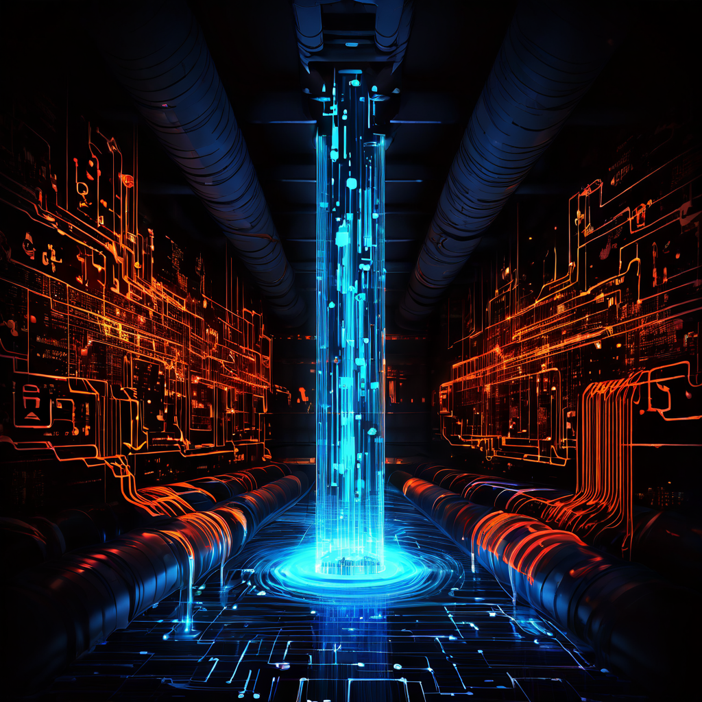 데이터 흐름의 병목 현상을 시각화한 이미지로 좁은 파이프를 통과하는 빛나는 디지털 데이터 스트림과 병목 지점에 집중된 경고 아이콘 및 오류 심볼을 보여줍니다.