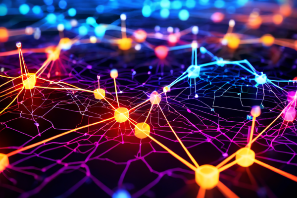 데이터 분류의 모호성을 시각적으로 표현한 네트워크 다이어그램으로, 각 색상 영역의 경계가 흐릿하게 연결되어 구분이 명확하지 않은 데이터 세그먼트를 나타냅니다.