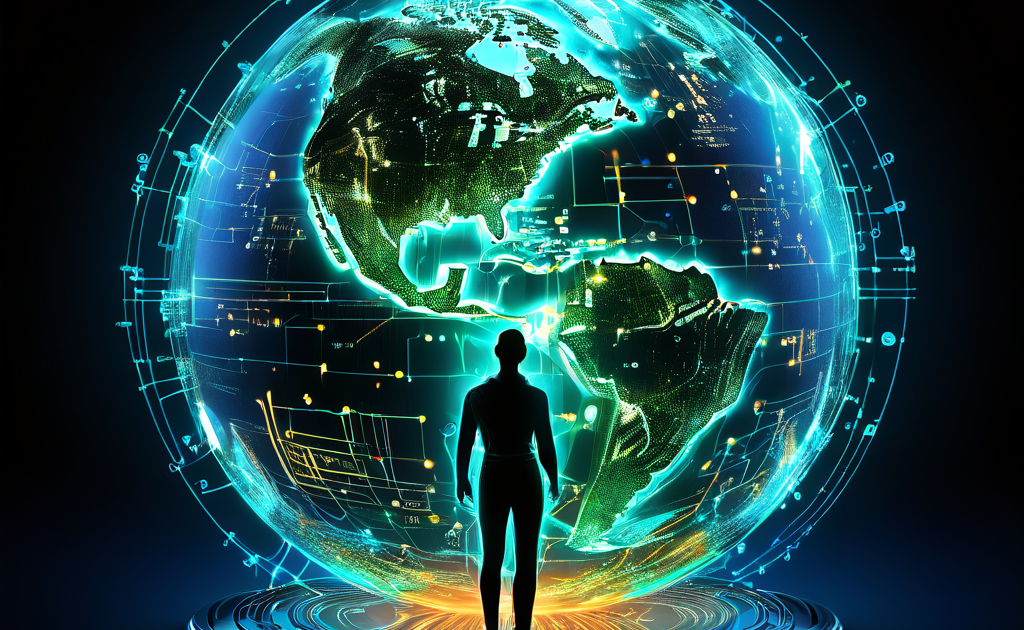 인간 실루엣이 회로 기판 지구 위의 빛나는 지리적 지점과 연결되어 글로벌 디지털 네트워크와 기술 융합을 상징적으로 표현한 추상적인 개념 이미지입니다.