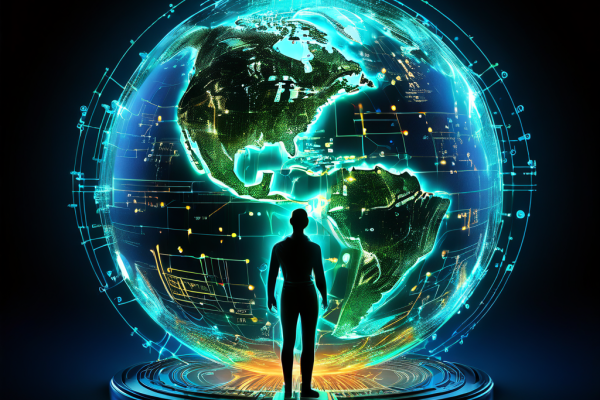 인간 실루엣이 회로 기판 지구 위의 빛나는 지리적 지점과 연결되어 글로벌 디지털 네트워크와 기술 융합을 상징적으로 표현한 추상적인 개념 이미지입니다.