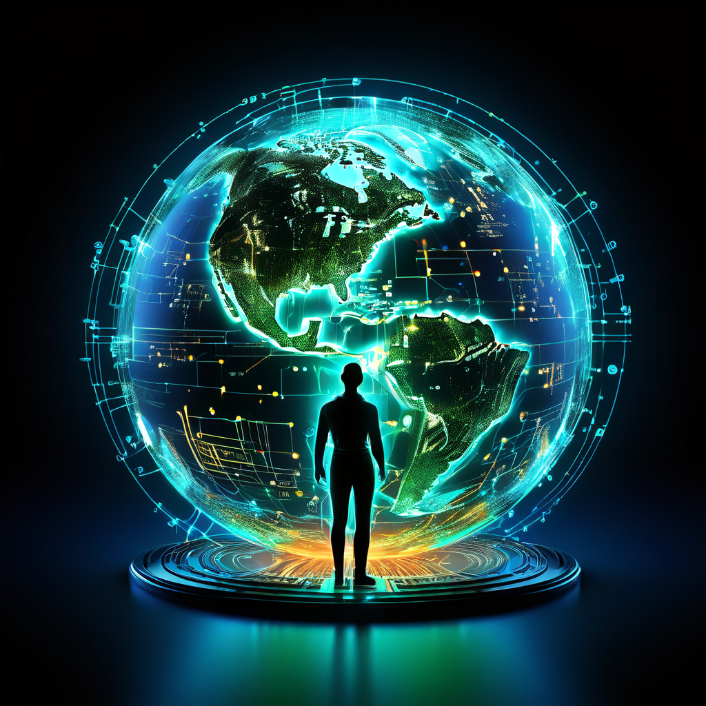 인간 실루엣이 회로 기판 지구 위의 빛나는 지리적 지점과 연결되어 글로벌 디지털 네트워크와 기술 융합을 상징적으로 표현한 추상적인 개념 이미지입니다.