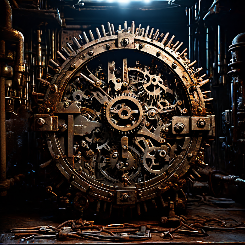 오래된 자물쇠의 복잡한 내부 기어 장치가 완전히 열린 상태로, 먼지가 쌓인 비활성 제어판이 배경에 함께 보여 보안 시스템의 해제 또는 정비 상황을 나타냅니다.