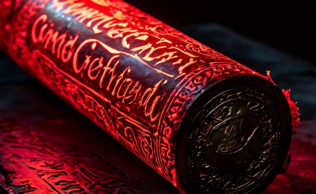 빛나는 디지털 두루마리가 펼쳐지며 마지막 줄에 적힌 내용이 빨간 왁스의 공식적인 'CONFIRMED' 도장으로 최종 확인된 상태를 상징적으로 표현한 이미지입니다.