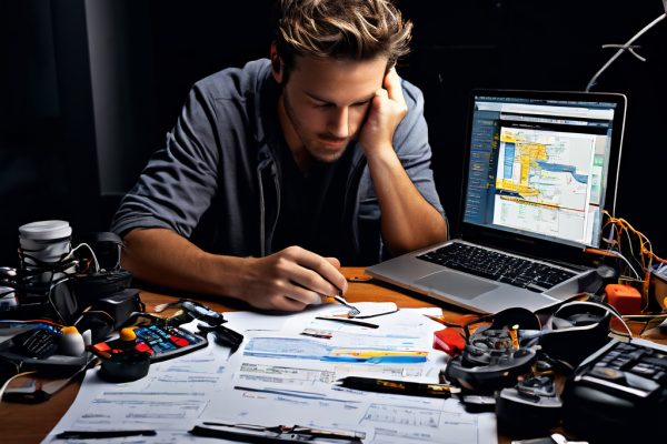 A person’s hands hover cautiously near a laptop keyboard on a cluttered desk, while a studio light and camera equipment sit idle i