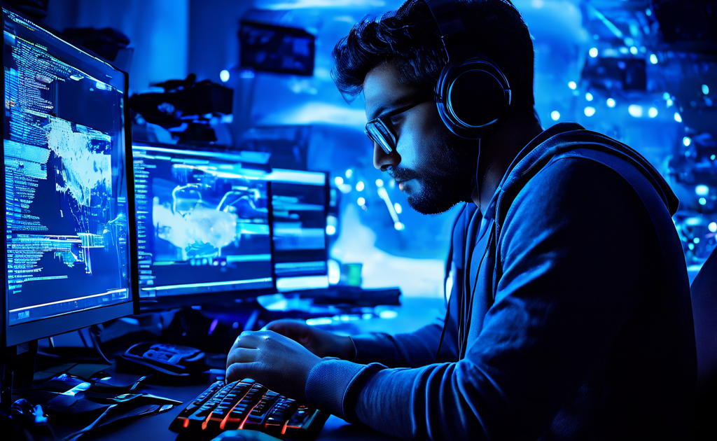 Photorealistic over-the-shoulder shot of a gamer holding a controller in a dimly lit room, focusing on a blurred computer monitor