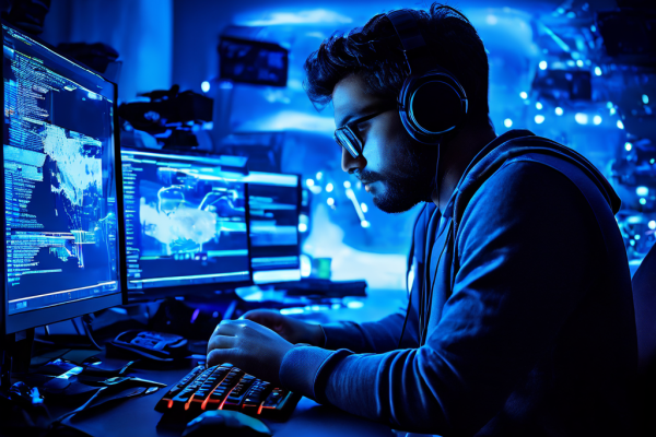 Photorealistic over-the-shoulder shot of a gamer holding a controller in a dimly lit room, focusing on a blurred computer monitor