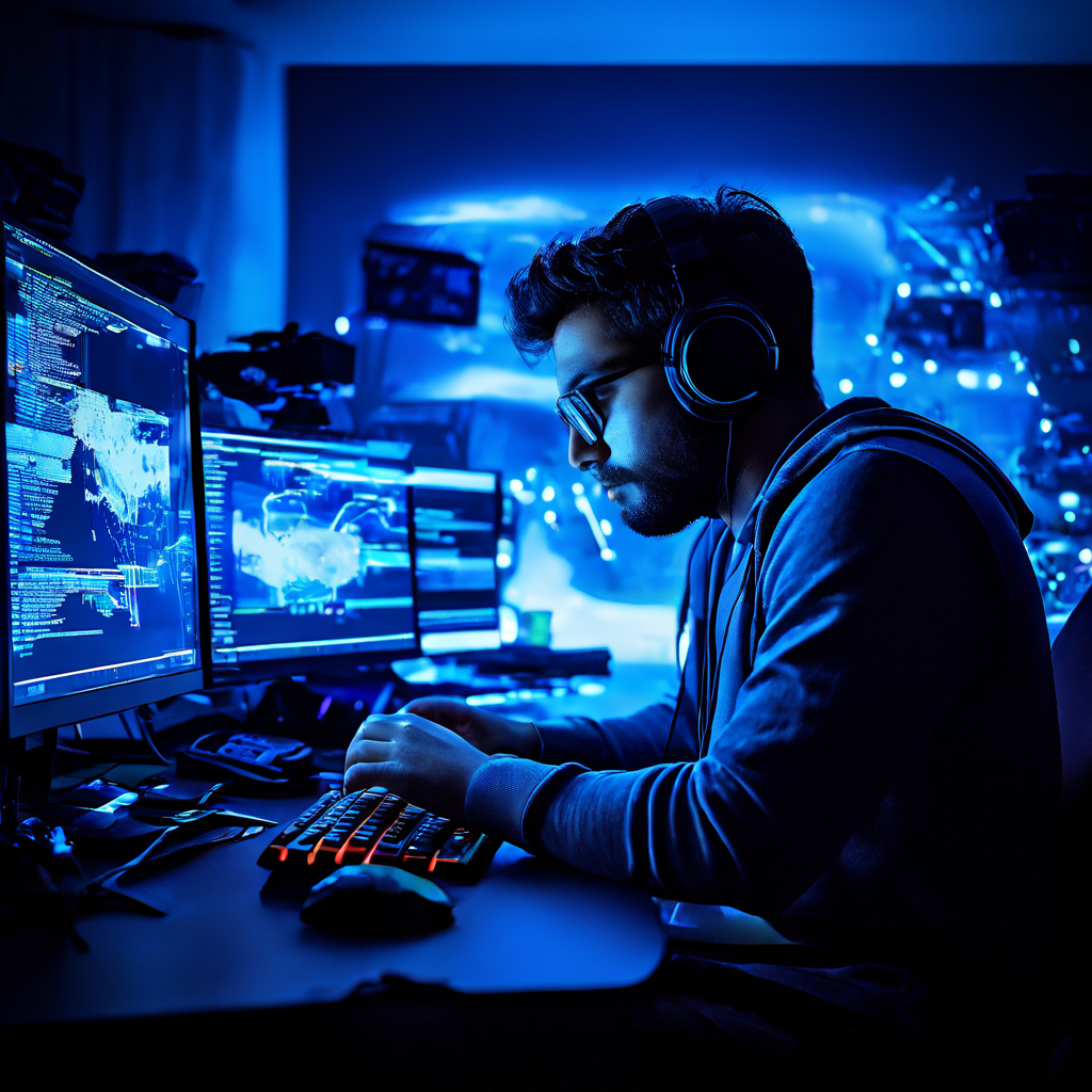 Photorealistic over-the-shoulder shot of a gamer holding a controller in a dimly lit room, focusing on a blurred computer monitor