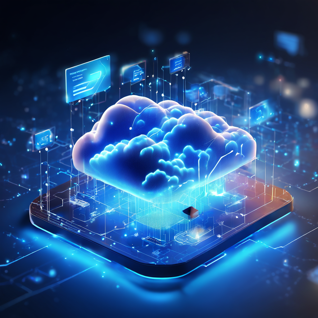 Premium futuristic online service platform showing connected cloud infrastructure, data layers, and secure digital workflow for...