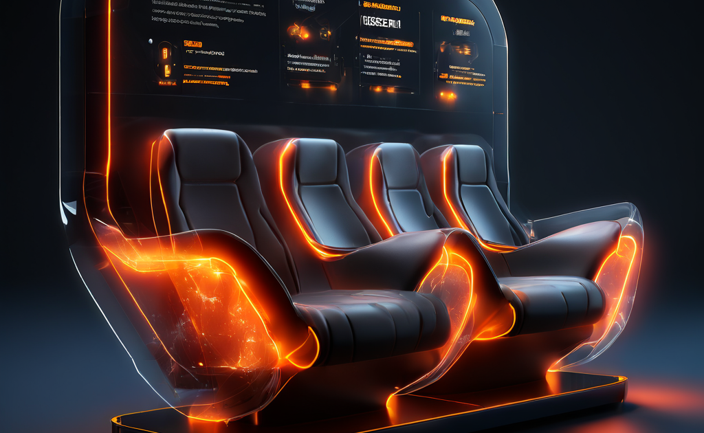 Futuristic digital interface showing a seating queue position with layered glowing data paths and secure online service flow.