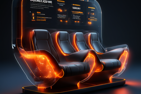Futuristic digital interface showing a seating queue position with layered glowing data paths and secure online service flow.